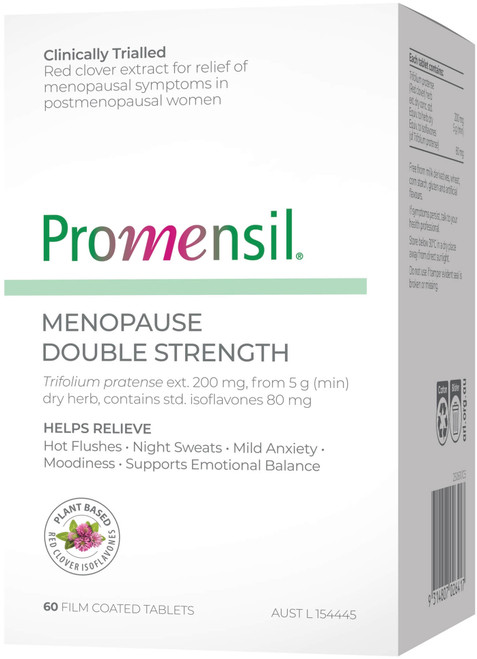 Promensil Menopause Double Strength 60 Tabs standardised Red Clover Isoflavones to relieve hot flushes, night sweats, anxiety and moodiness