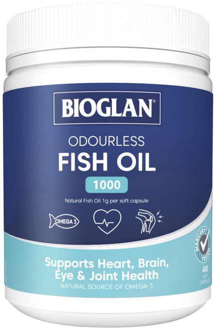 Bioglan Fish Oil Odourless 1000mg 400 Caps x 2 Pack for heart, brain, eye & Omega-3 health = 800 Caps