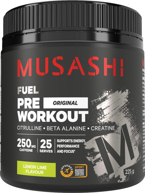 Musashi Pre-Workout Lemon Lime 225g high-performance pre-workout formula with branched chain amino acids to support energy and performance during training