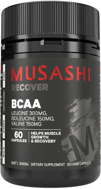 Musashi BCAA 600mg 60 Caps essential Branched Chain Amino Acids in a 2:1:1 ratio to support muscle growth and muscle protein stores during exercise
