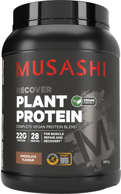 Musashi Plant Protein Chocolate 900g low-carbohydrate plant-based proteins to help maximise lean muscle and optimise recovery with a pea, brown rice and hemp protein blend