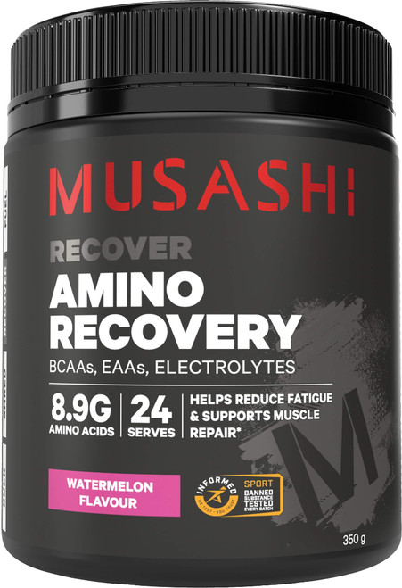 Musashi Amino Recovery Watermelon 350g workout supplement for replenishing amino acids and supporting post-exercise recovery and hydration