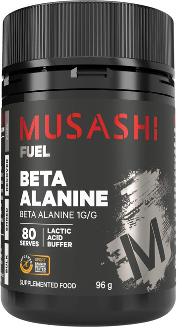 Musashi Beta Alanine 96g amino acid supplement for endurance and strength training, helping buffer acid in muscles through its role in Carnosine production