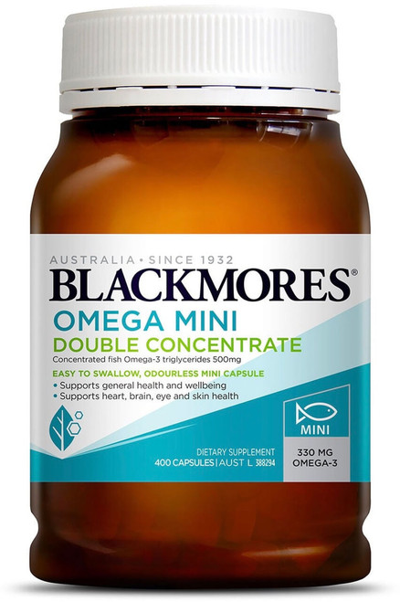 Blackmores Omega Double Concentrate 400 Mini Caps to support heart health, brain function and cardiovascular health with concentrated Omega-3 from Fish Oil
