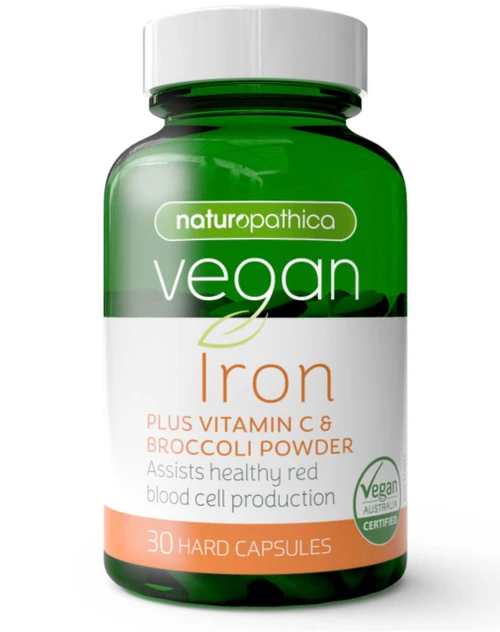 Naturopathica Vegan Iron Plus Vitamin C & Broccoli Powder 30 Caps x 3 Pack to support red blood cell production, haemoglobin formation and oxygen transport = 90 Caps