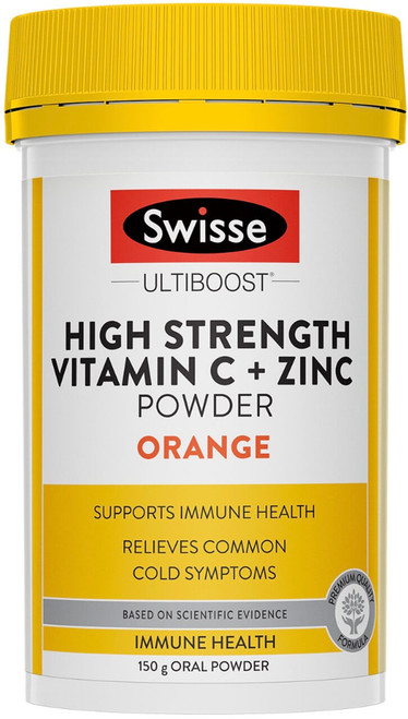 Swisse Ultiboost High Strength Vitamin C + Zinc Powder in orange flavour provides daily nutritional support for immune health & wellbeing