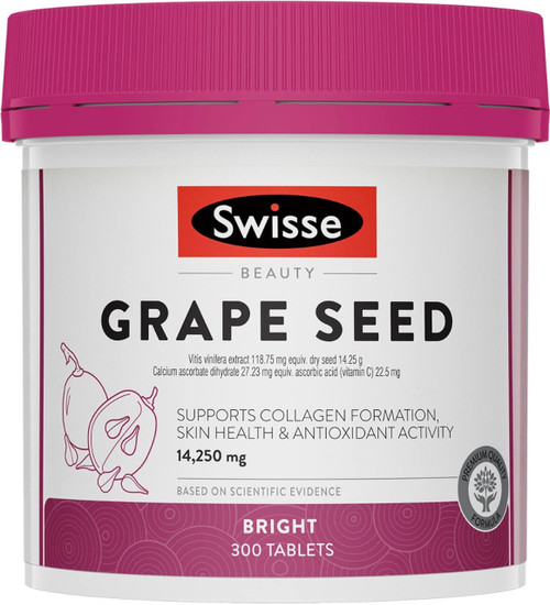 Swisse Beauty Grape Seed 14250mg 300 Tabs with antioxidant-rich Grape Seed extract and Vitamin C for skin health and collagen production