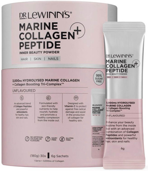 Dr. LeWinn’s Marine Collagen Peptide + Inner Beauty Powder Unflavoured 30 x 6g to improve skin hydration, firmness and smoothness, enhance complexion and strengthen hair and nails