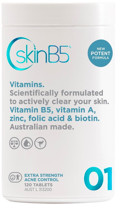 SkinB5 Extra Strength Acne Control 120 Tabs with Vitamins B5 & B3, Zinc and Vitamin A to regulate excess oil, clear persistent breakouts and support skin healing