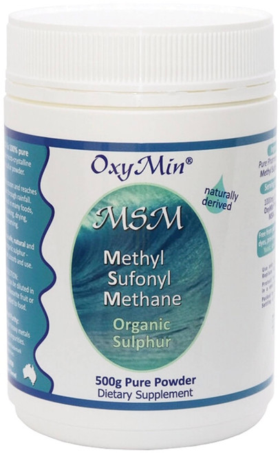 OxyMin MSM 500g pure micro-crystalline MSM powder designed for better solubility, providing a source of dietary Sulfur without fillers or flowing agents