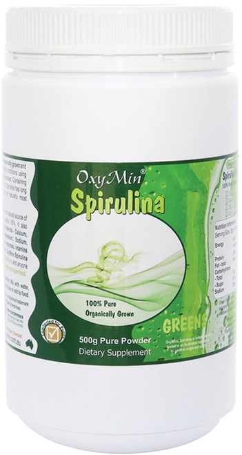 OxyMin Spirulina Organic 500g pure organic Spirulina powder cultivated under controlled conditions as a nutrient-rich green superfood