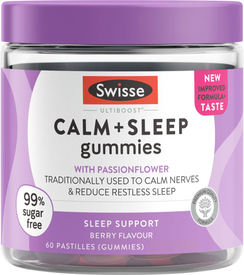 Swisse Ultiboost Calm + Sleep Gummies 60 berry-flavoured gummies with Passionflower and Ashwagandha to soothe the nerves and support restful sleep