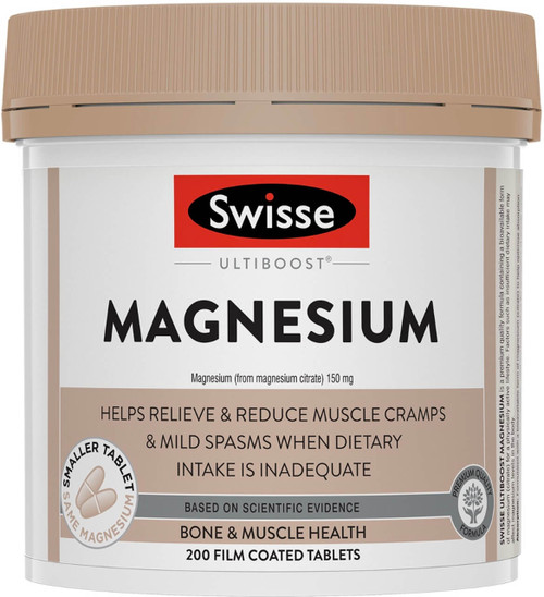 Swisse Ultiboost Magnesium 150mg 200 Tabs with Magnesium Citrate to help reduce muscle cramps and support healthy nervous system function