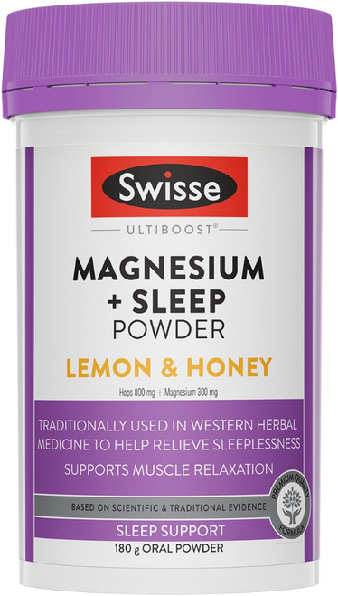 Swisse Ultiboost Magnesium + Sleep Powder Lemon & Honey 180g with Magnesium, Passionflower and Hops traditionally used for calming and restful sleep