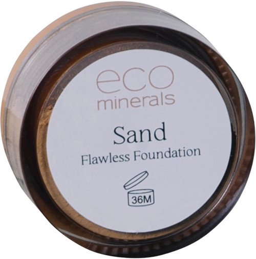 Eco Minerals Sand Flawless Foundation 5g, 100% pure long-wearing mineral foundation with matte finish, buildable full coverage and SPF 25 sun protection for medium olive skin