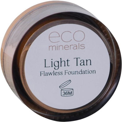 Eco Minerals Light Tan Flawless Foundation 5g, 100% pure long-wearing mineral foundation with matte finish, buildable full coverage and SPF 25 sun protection for medium to tan skin