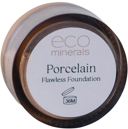 Eco Minerals Porcelain Flawless Foundation 5g, 100% pure long-wearing mineral foundation with matte finish, buildable full coverage and SPF 25 sun protection for light medium skin