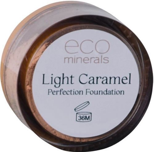 Eco Minerals Light Caramel Perfection Foundation 5g, vegan 100% pure natural mineral foundation with a dewy finish, buildable long-wearing coverage and SPF 25+
