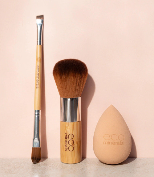 Eco Minerals Brush & Sponge Pack with Vegan Kabuki Brush, Eco Duo Brush and Beauty Blender Sponge for smooth foundation, bronzer, concealer and eye makeup application
