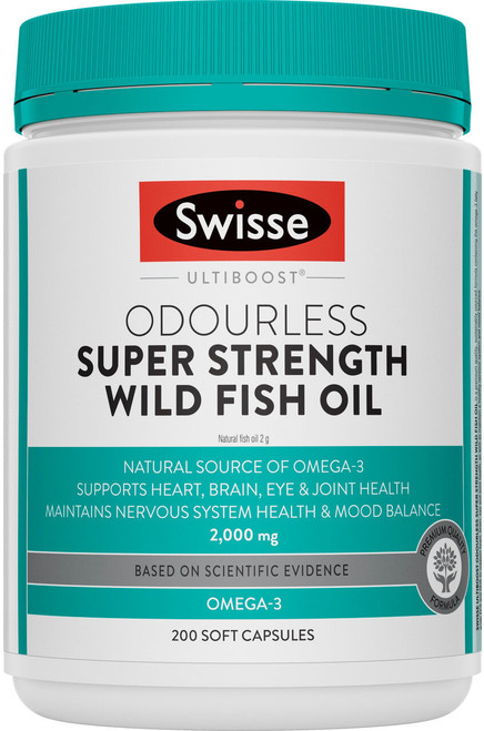 Swisse Ultiboost Odourless Super Strength Wild Fish Oil 200 Caps with concentrated Omega-3 EPA and DHA to support cardiovascular, brain, eye and nervous system health