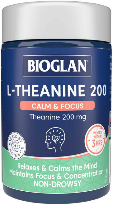 Bioglan L-Theanine 200 Calm & Focus 60 Caps x 3 Pack for relaxation, calm, focus & concentration = 180 Caps