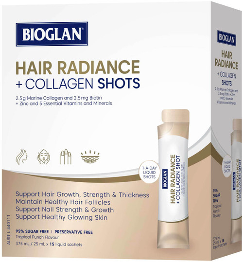 Bioglan Hair Radiance + Collagen 15 Shots x 3 Pack for hair growth, strength, thickness, nails & glowing skin = 45 Shots