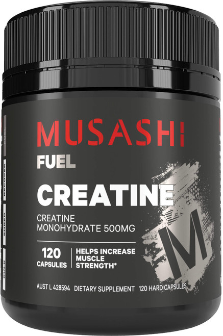 Musashi Creatine 120 Caps sports supplement to increase muscle strength and improve physical performance during high-intensity exercise