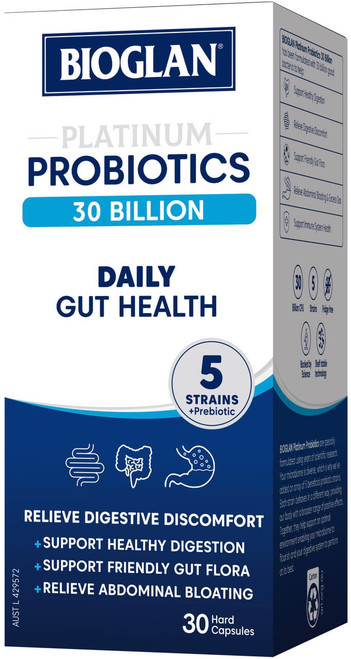 Bioglan Platinum Probiotics 30 Billion 30 Caps x 3 Pack with 30 billion CFU from 5 strains plus Inulin for healthy digestion, gut flora & bowel comfort = 90 Caps
