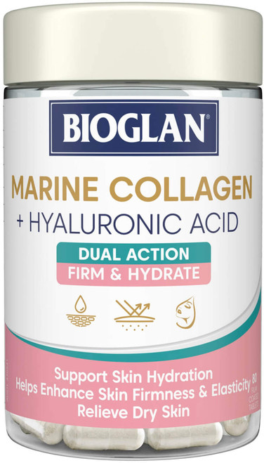 Bioglan Marine Collagen + Hyaluronic Acid 80 Tabs x 3 Pack for skin hydration, firmness, elasticity & collagen formation = 240 Tabs