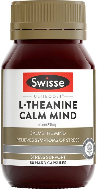 Swisse Ultiboost L-Theanine Calm Mind 50 Caps with caffeine-free L-Theanine to promote relaxed wakefulness and help relieve symptoms of stress