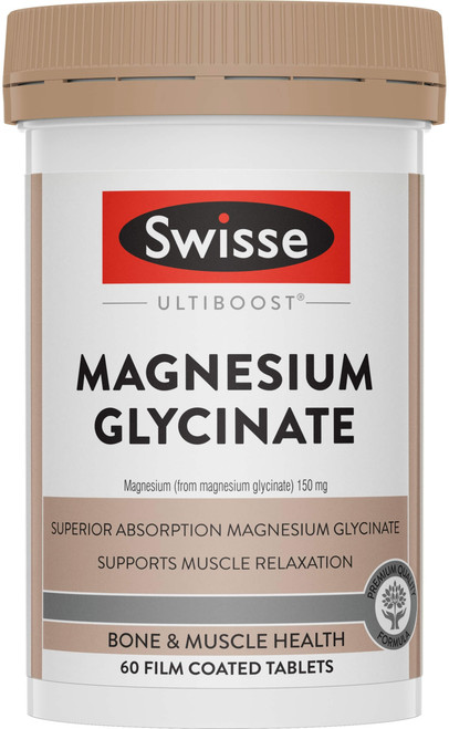 Swisse Ultiboost Magnesium Glycinate 150mg 60 Tabs with easily absorbed Magnesium Glycinate for muscle relaxation, nervous system health and stress support