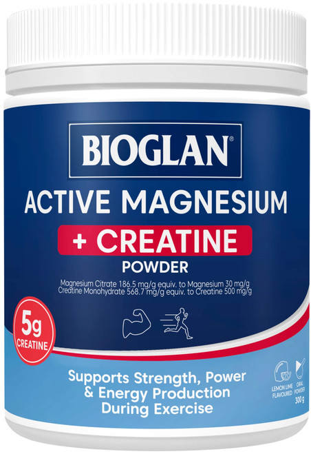 Bioglan Active Magnesium + Creatine Powder 300g x 3 Pack Lemon Lime for muscle strength, energy, exercise performance & recovery = 900g