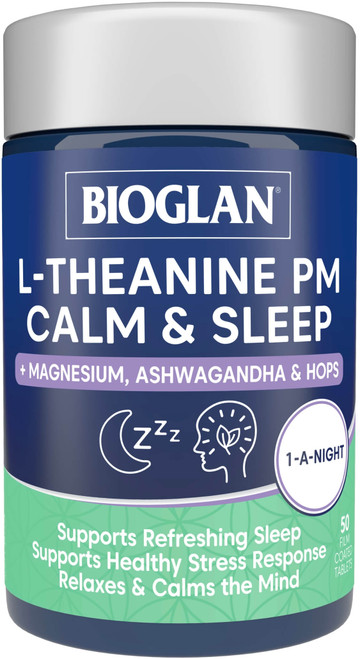 Bioglan L-Theanine PM Calm & Sleep 50 Tabs x 3 Pack for restful sleep, relaxation, calm & stress support = 150 Tabs