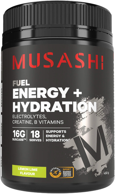 Musashi Energy Hydration Lemon Lime 450g carbohydrate electrolyte drink mix for energy, hydration and endurance during exercise