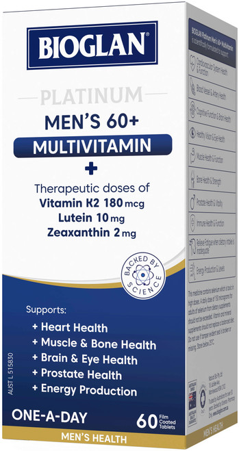 Bioglan Platinum Men’s 60+ Multivitamin 60 Tabs x 3 Pack for heart, bone, muscle, eye, prostate & energy health = 180 Tabs