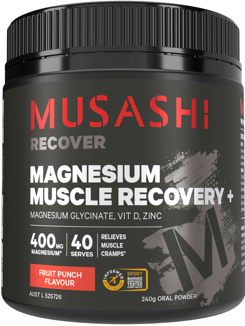 Musashi Magnesium Muscle Recovery+ 240g for muscle cramp relief, soreness reduction and recovery