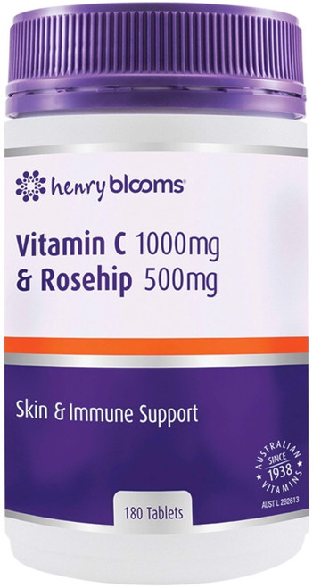 Henry Blooms Vitamin C 1000mg & Rosehip 500mg 180 Tabs for immune health, cold symptoms, collagen support & protection from free radicals