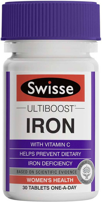 Swisse Ultiboost Iron 30 Tabs with gentle-on-the-stomach Iron Amino Acid Chelate, Vitamin C, B6 and Spirulina for daily iron support