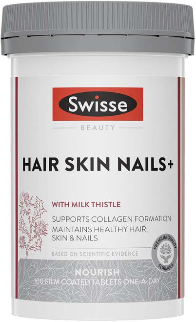 Swisse Beauty Hair Skin Nails+ with Milk Thistle 100 Tabs providing Biotin, Silica and essential nutrients for hair growth, skin health and nail strength