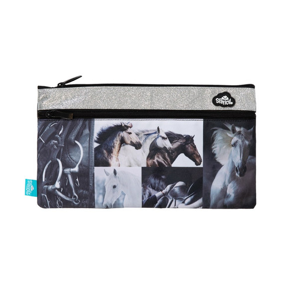 Twin Zip Pencil Case - Black & White Horses