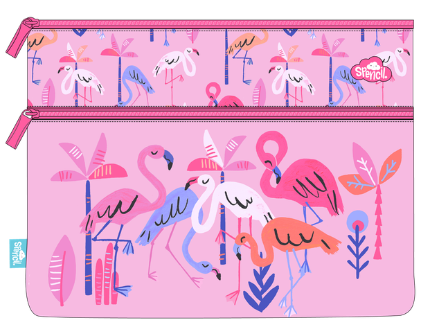 A4 Twin Zip Pencil Case - Flamingo Splash