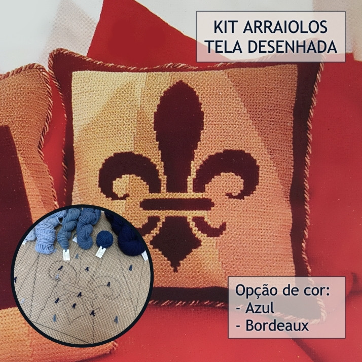 Kit Arraiolos almofada Flor de Lis com tela desenhada