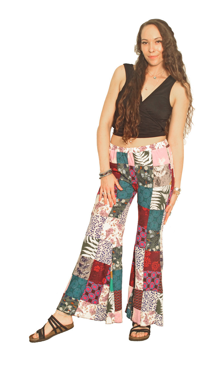 Mixed Patchwork Hippie Bell Bottom Palazzo Pants, Multicoloured