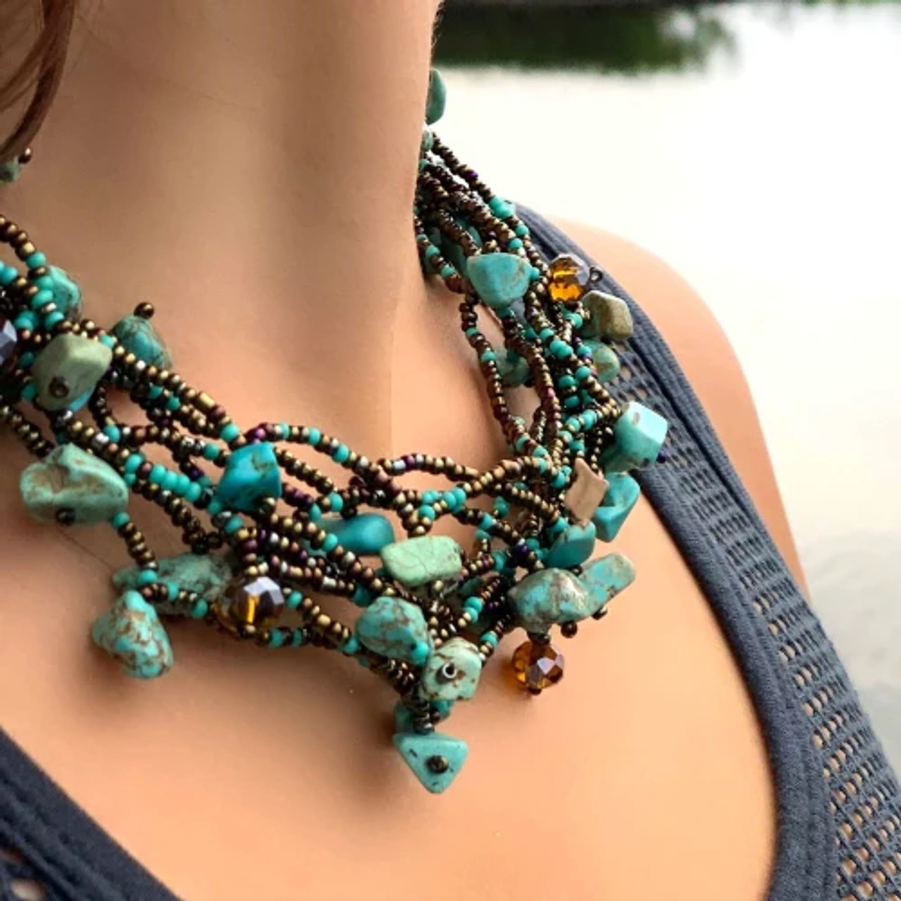 Macrame Natural Chunky Turquoise Stone Necklace | beadingbikinijewelry