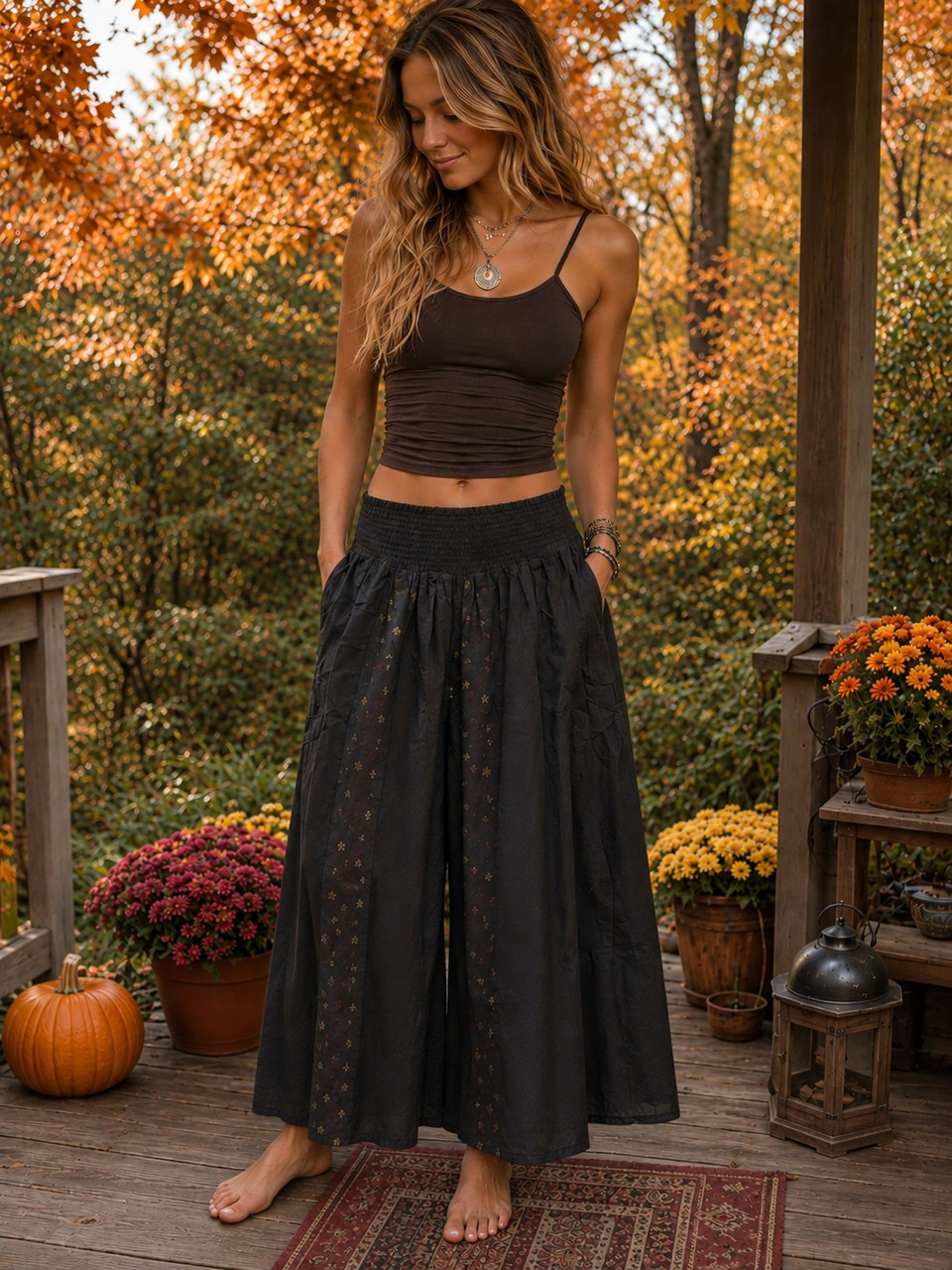 FREE SHIP! Black Rayon Patchwork Palazzo Pants