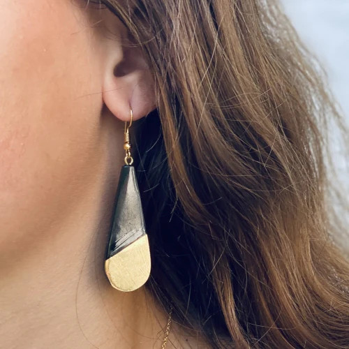 Teardrop Earrings-Brass & Black Horn