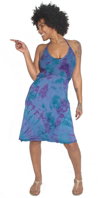 Tie Dye Halter Dress w/ Crochet Bodice