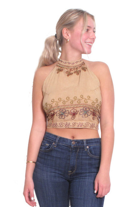 Stonewashed Embroidered Halter Top