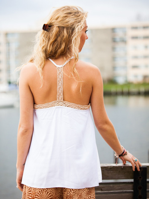 Lace Trim Flowy Tank Top-White