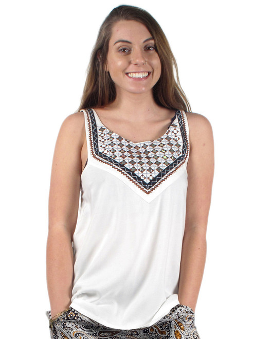  Embroidered Bodice Tank Top w/ Open Back-Ivory